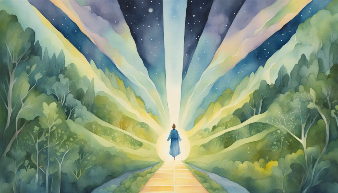 A glowing figure hovers over a path, guiding two parallel lines to converge, surrounded by symbols of growth and transformation