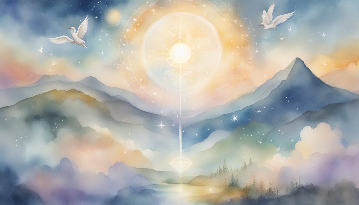The 259 angel number floats above a serene landscape, surrounded by celestial symbols and glowing with a soft, ethereal light