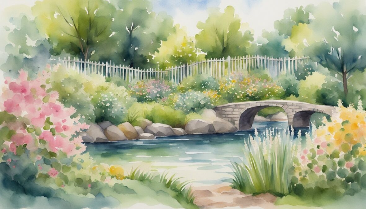 A lush garden with blooming flowers and fruitful trees, surrounded by a sturdy fence and a peaceful, flowing stream