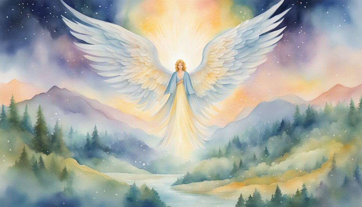 A glowing 358 angel number hovers above a serene landscape, surrounded by celestial symbols and a sense of divine presence