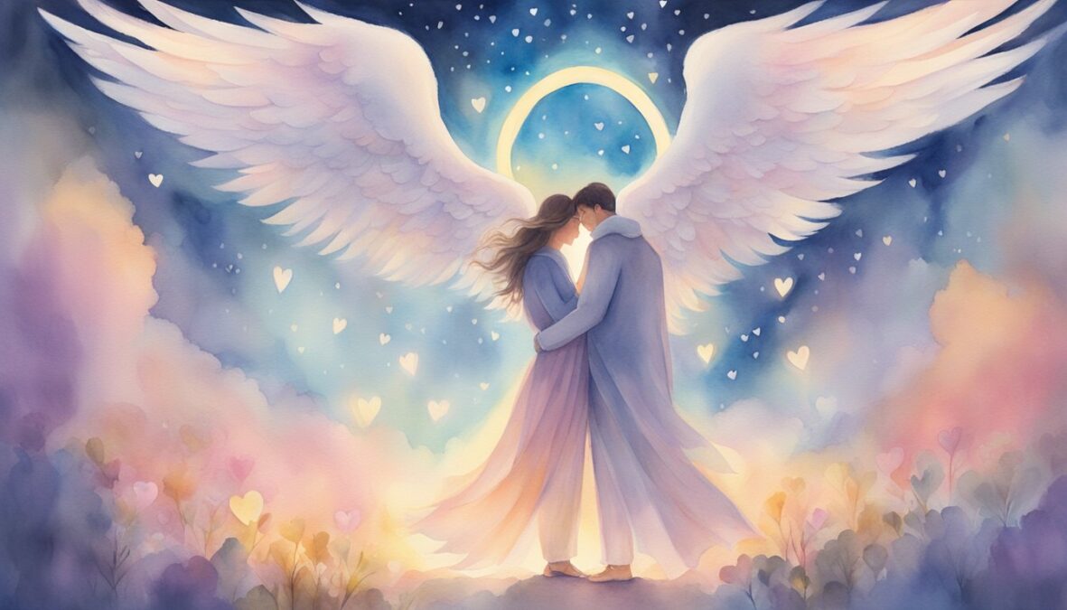 A couple stands under a glowing 488 angel number, surrounded by hearts and embracing each other lovingly