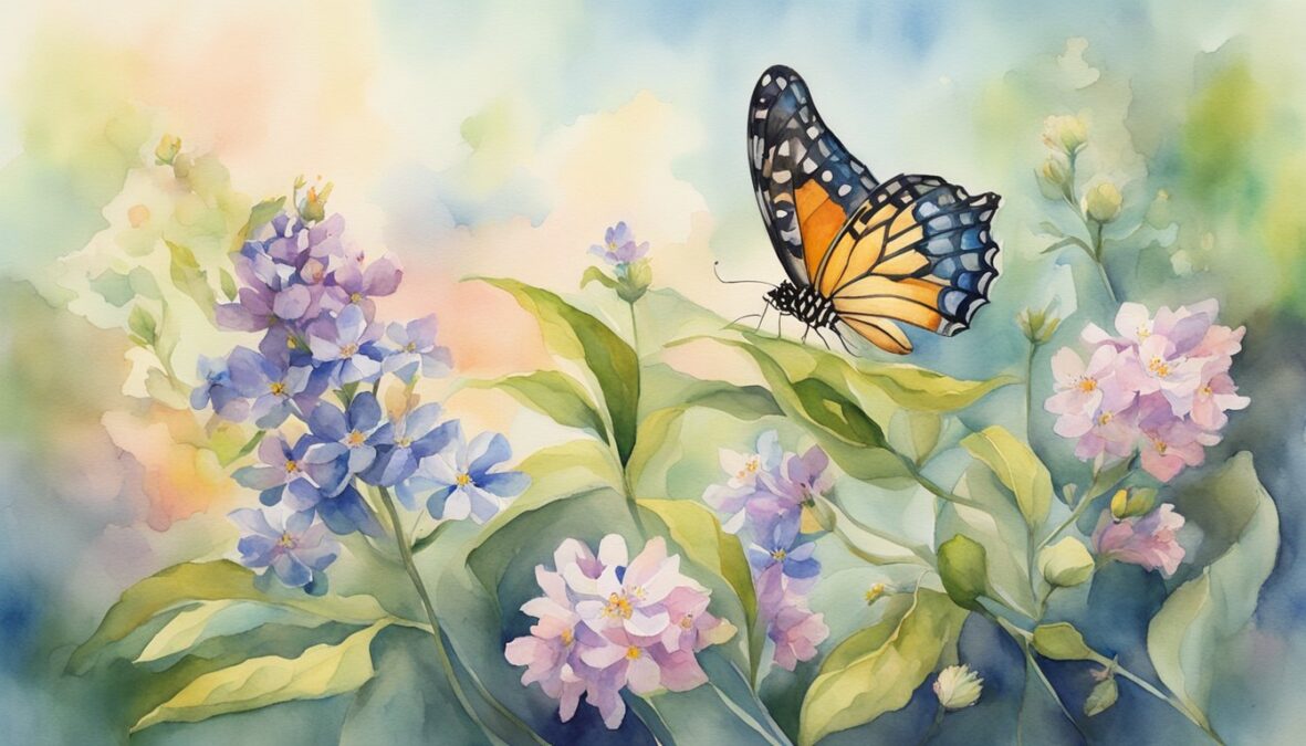 A butterfly emerging from a chrysalis, surrounded by blooming flowers and a bright, open sky
