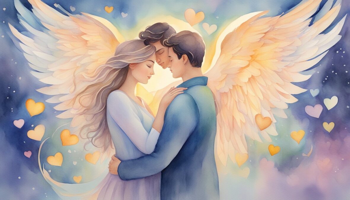 A couple embraces under a glowing 4994 angel number, surrounded by hearts and a sense of peace and harmony