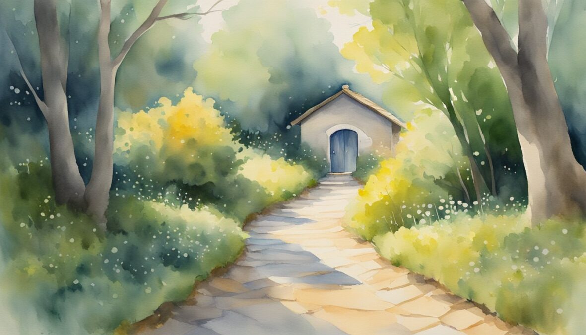 A bright light shines down on a path, leading to a doorway with the numbers 4994 above it.</p><p>The surroundings are peaceful and serene, with symbols of protection and guidance scattered throughout the scene