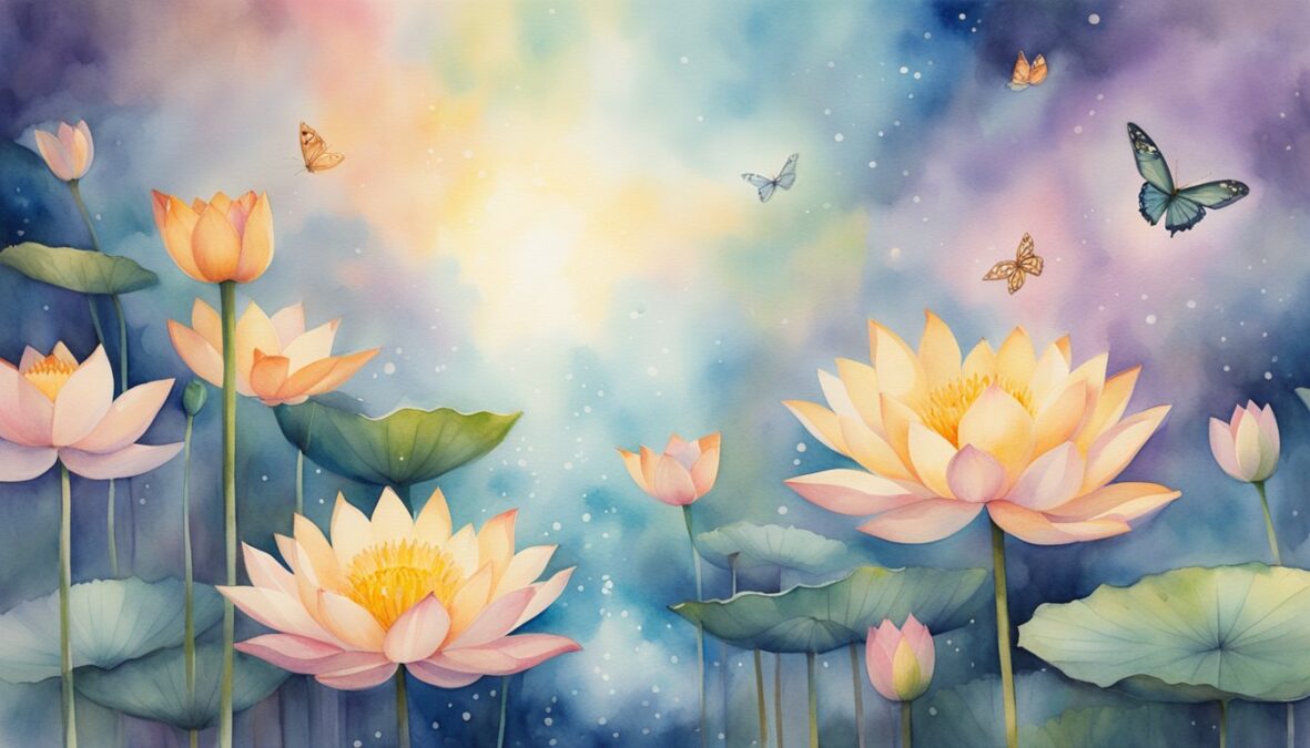 A glowing halo hovers above a blooming lotus, surrounded by beams of light and ascending butterflies