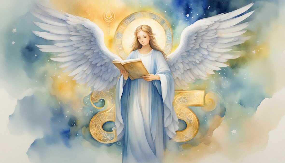 A glowing angelic figure holds a scroll with "509" in one hand, while surrounded by symbols of guidance and wisdom