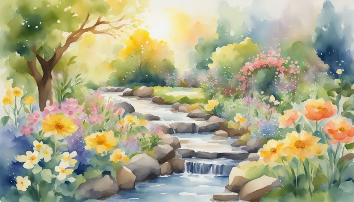 A garden with blooming flowers, a flowing stream, and a radiant sun shining down, surrounded by symbols of prosperity and growth