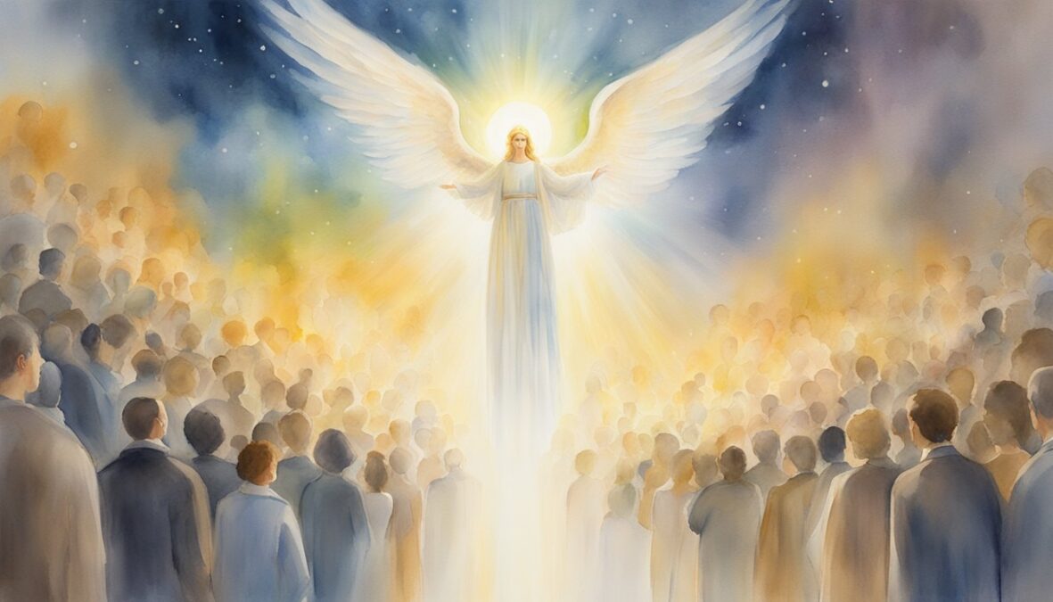 A glowing angelic figure hovers over a crowd, surrounded by a halo of light, with the number 540 shining brightly above them