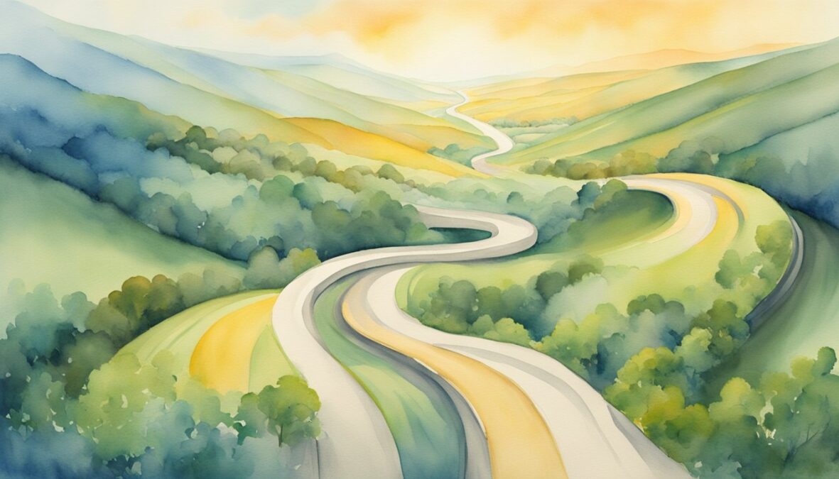 A winding road splits in two, with one path representing career and the other financial success.</p></noscript><p>A bright, guiding light hovers above, symbolizing the angelic guidance of 548