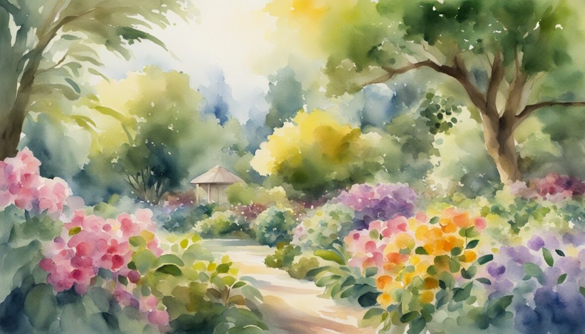 A lush garden with blooming flowers and ripe fruits, surrounded by flowing streams and sunlight breaking through the clouds