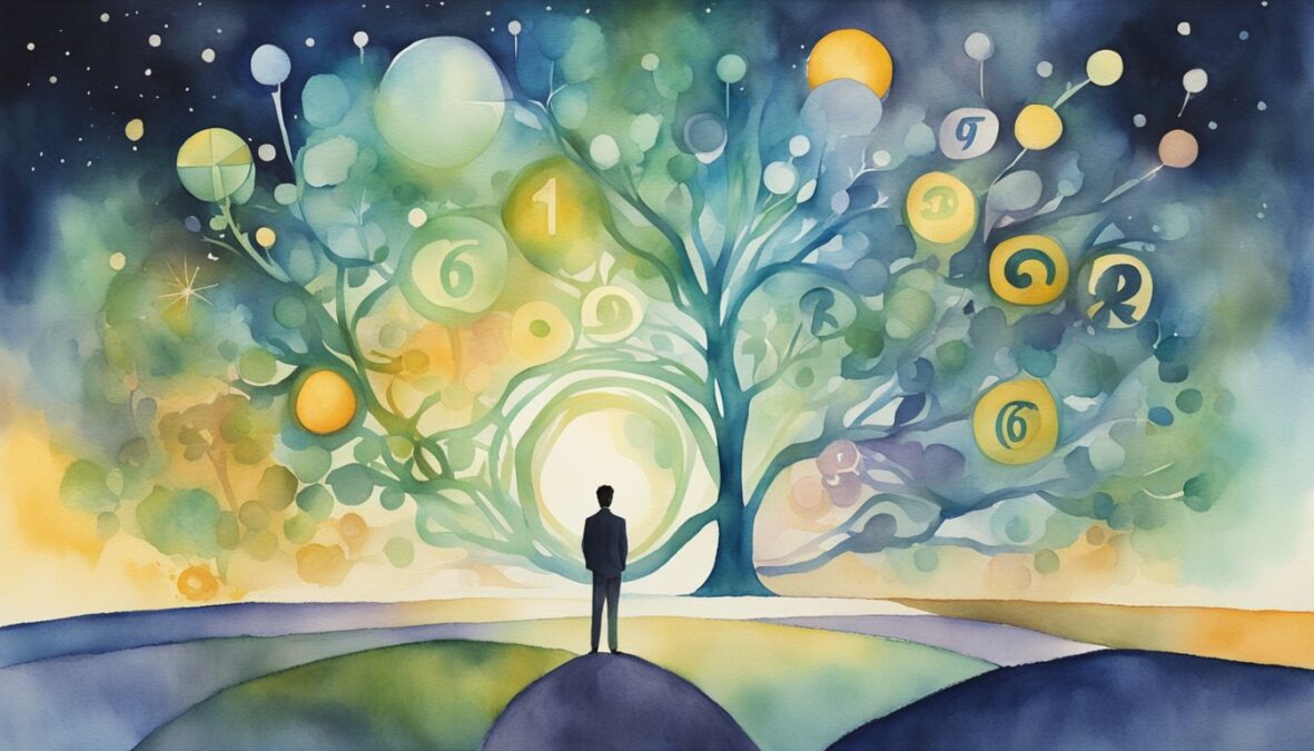 A figure stands at a crossroads, surrounded by symbols of growth and opportunity.</p></noscript><p>The number 61 glows above, radiating positive energy