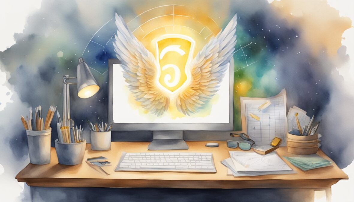 A glowing 61 angel number hovers above a desk, surrounded by financial charts and professional tools