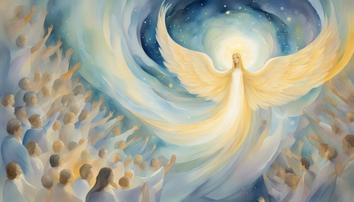 A glowing angelic figure hovers above a crowd, surrounded by swirling numbers and a sense of divine guidance