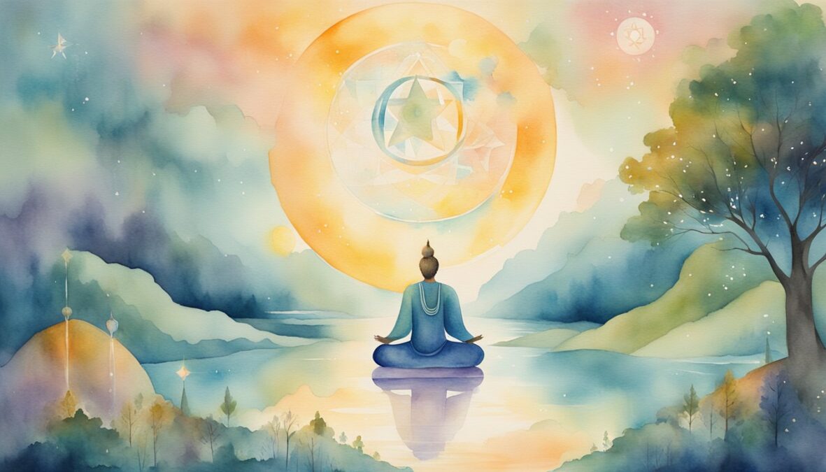 A bright, celestial figure hovers above a tranquil landscape, surrounded by symbols of balance and harmony