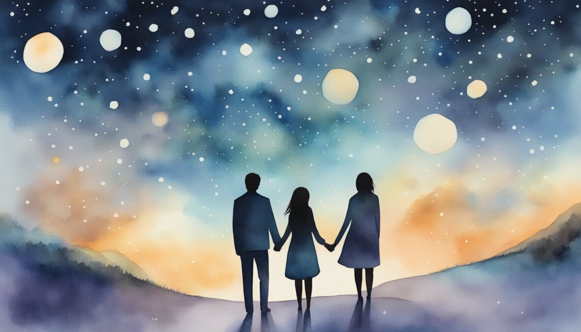 A couple standing under a starry sky, surrounded by the numbers 669 floating in the air, with a sense of love and connection between them