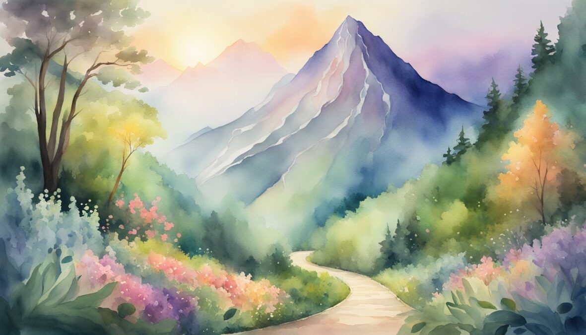 A serene mountain peak with a winding path leading to a glowing, ethereal portal, surrounded by lush, vibrant flora and fauna