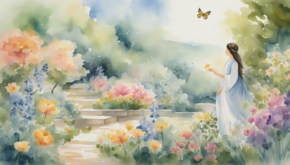 A serene garden with 7 blooming flowers, 5 fluttering butterflies, and an angelic figure overseeing the scene