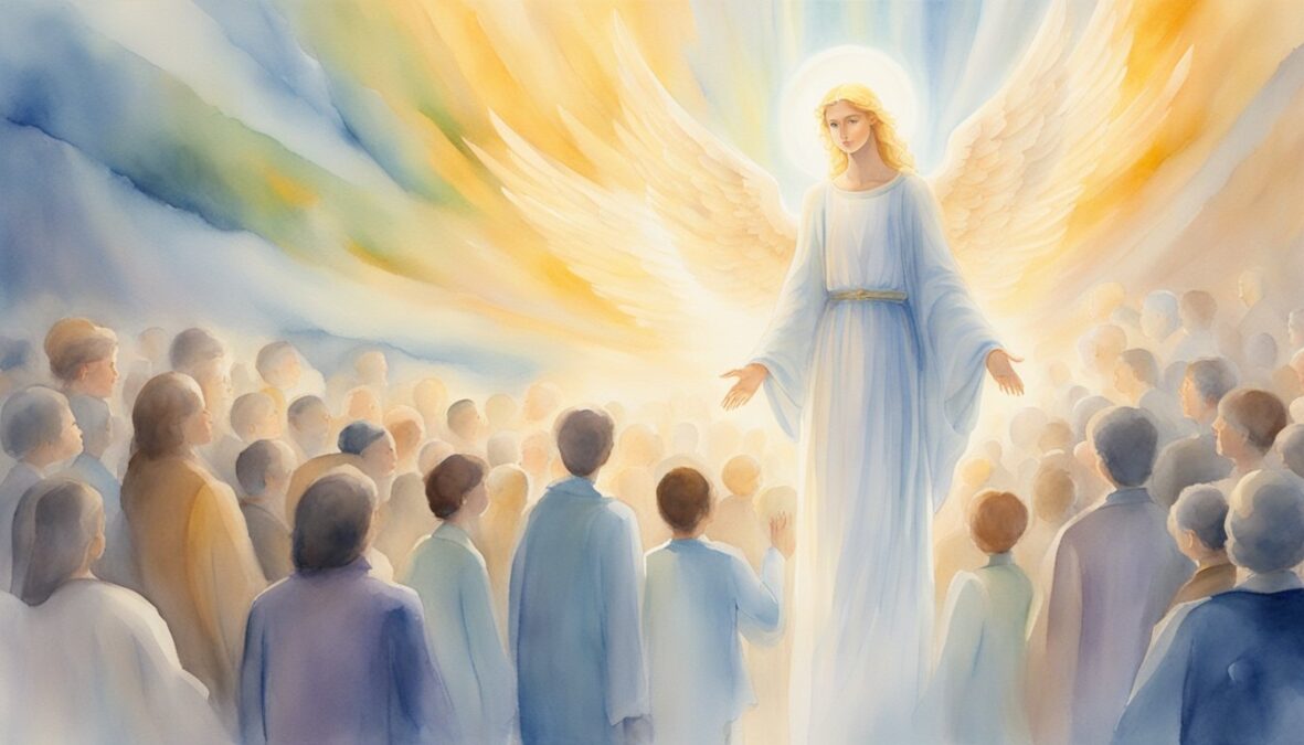 A glowing angelic figure hovers above a crowd, surrounded by beams of light and a sense of peace and guidance