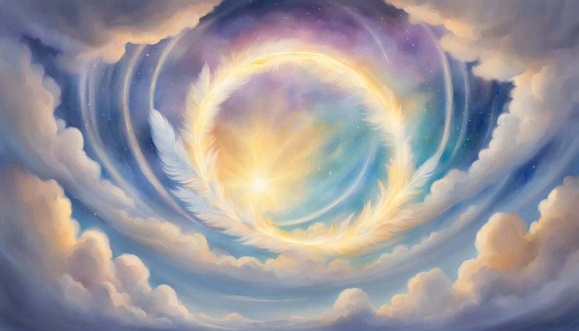 A glowing halo hovers over the numbers "7557," surrounded by celestial clouds and angelic feathers
