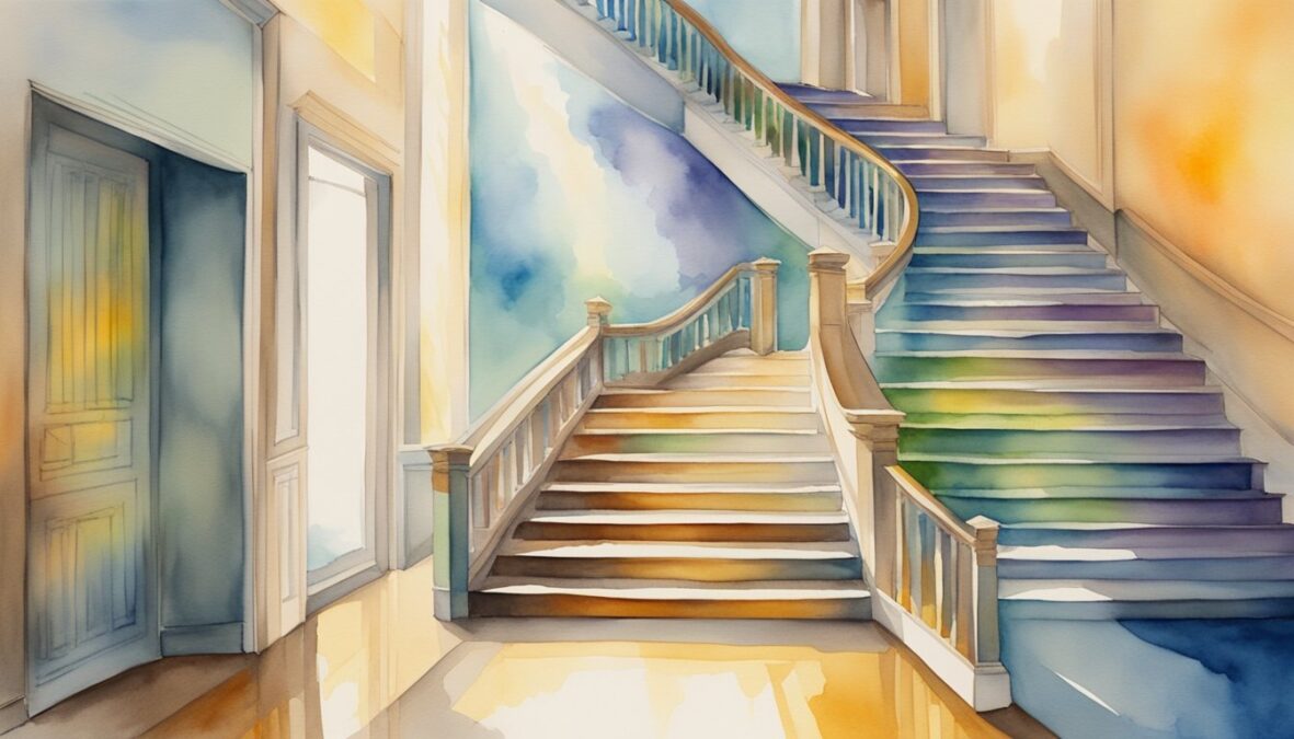 A bright, ascending staircase with the numbers 758 floating above each step, surrounded by a glowing aura of positive energy