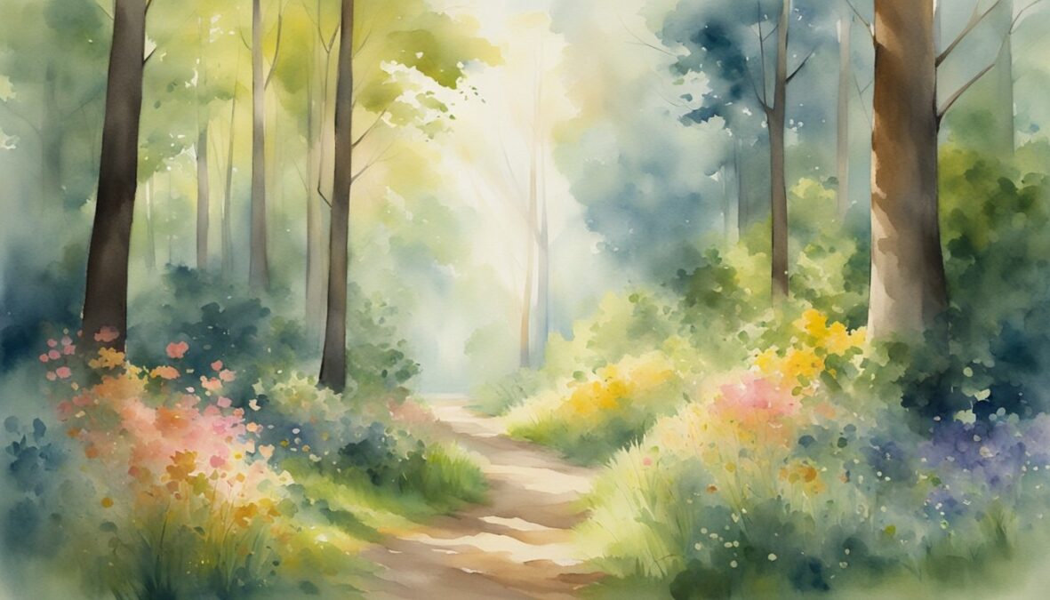 A serene forest clearing with rays of sunlight illuminating the area, surrounded by vibrant and blooming flowers, while a gentle breeze rustles the leaves of the trees