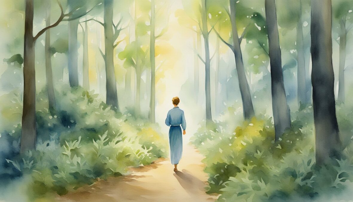 A figure walks through a serene forest, guided by the glow of the 759 angel number, leading them towards a path of spiritual enlightenment
