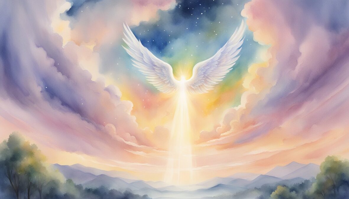 A glowing 759 angel number hovers above a serene landscape, surrounded by celestial clouds and radiant light