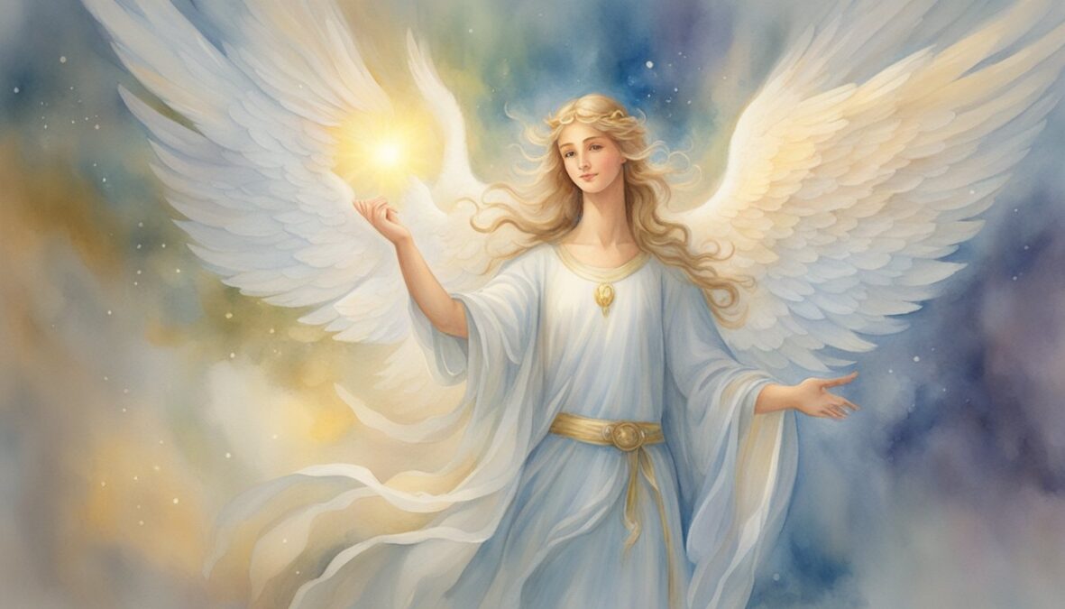 A serene angel with wings hovers above a person, offering guidance through a glowing halo of light.</p></noscript><p>Symbols of wisdom and protection surround them