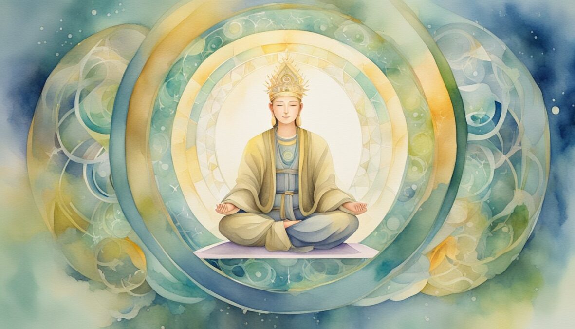 A serene figure meditates under a glowing halo, surrounded by symbols of personal growth and harmony