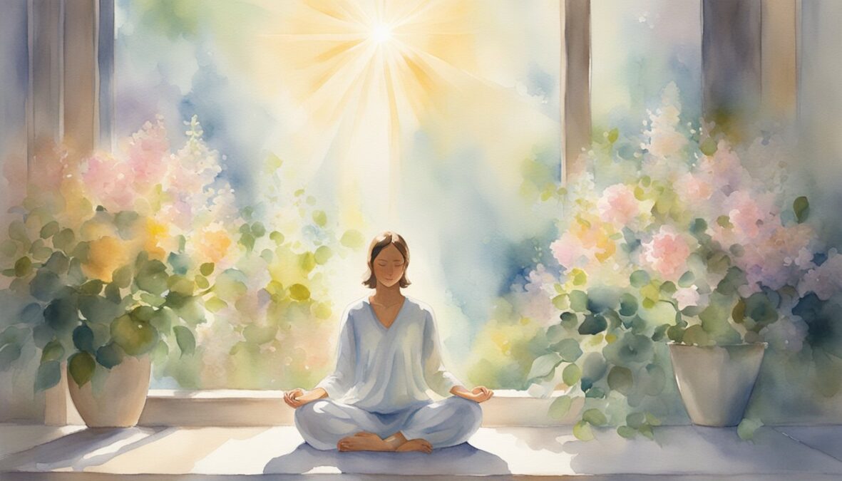 A serene figure meditates in a sunlit room, surrounded by blooming flowers and a glowing 859 angel number hovering above