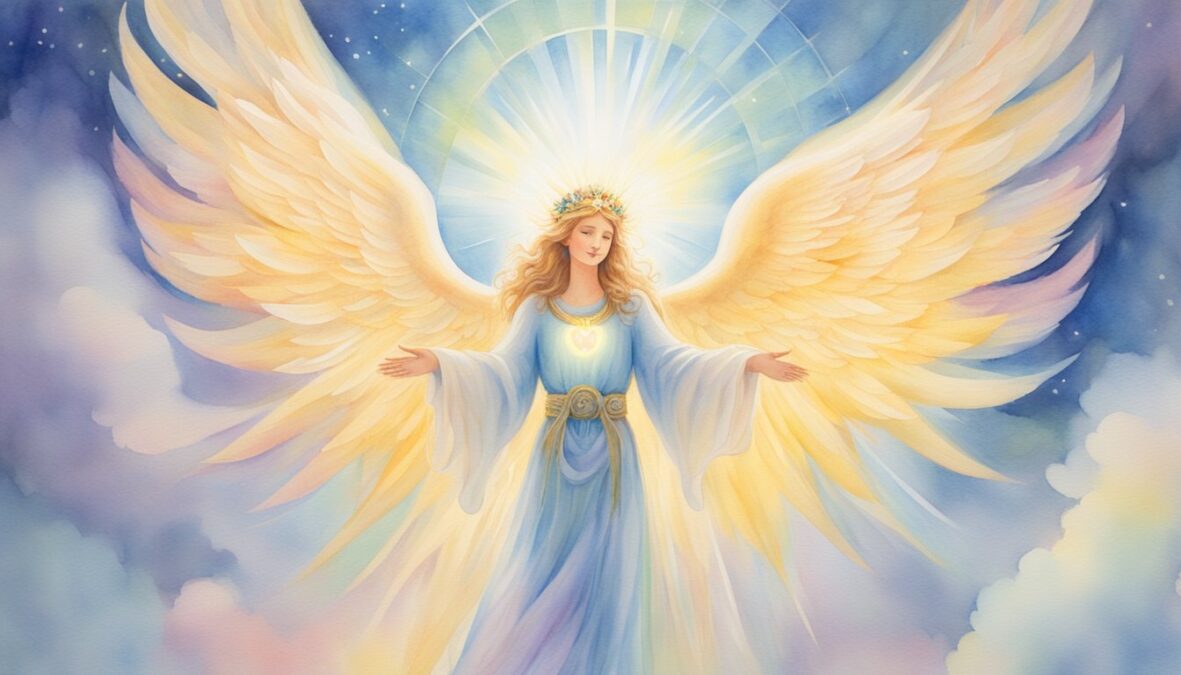 A glowing angelic figure stands between two hearts, surrounded by a halo of light and radiating love and harmony