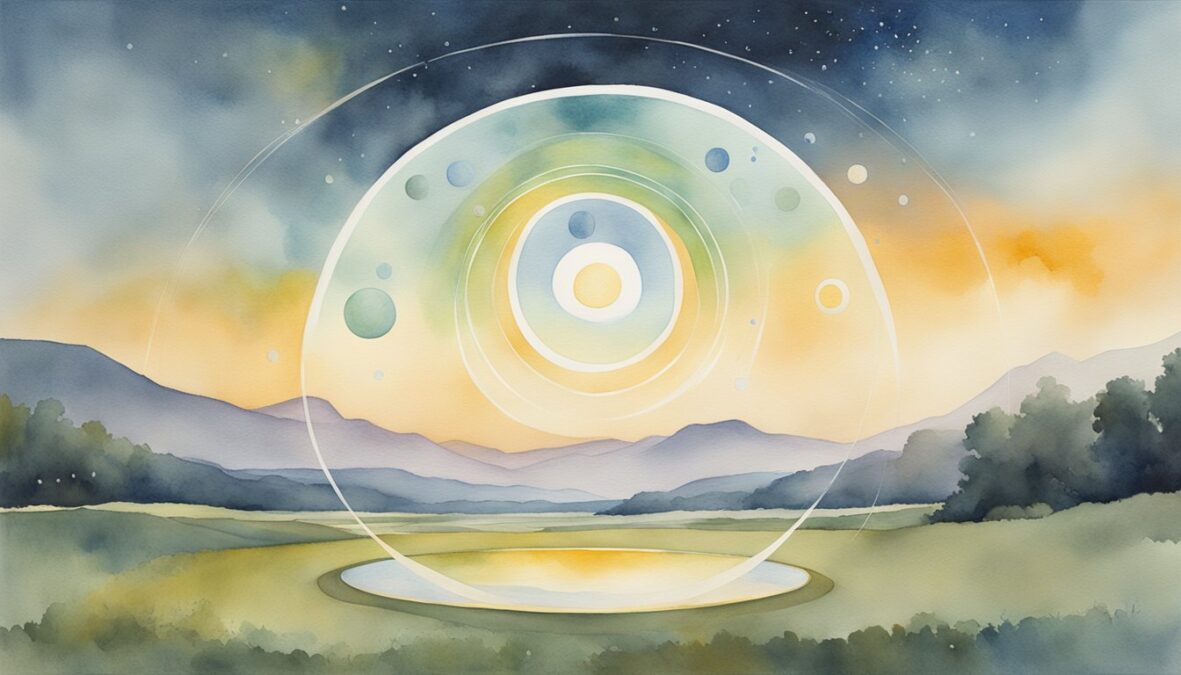A glowing orb hovers above a serene landscape, surrounded by nine circles and one central point.</p></noscript><p>The numbers "91" are etched into the ground