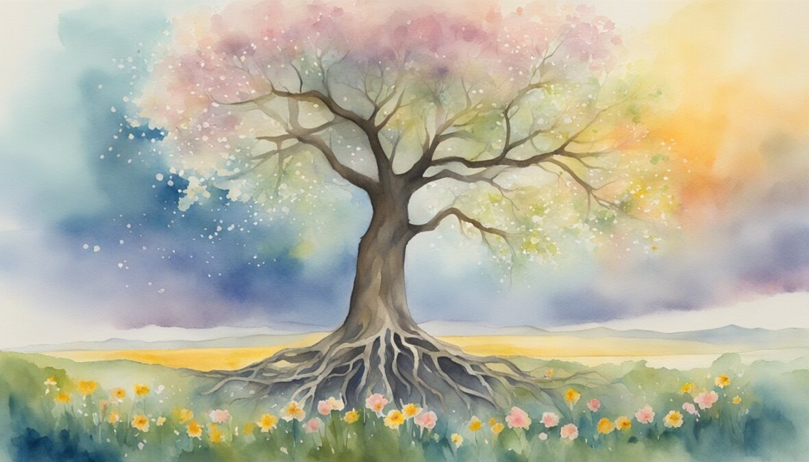 A tree with roots breaking through the ground, surrounded by blooming flowers and reaching towards the sky, with the number 91 subtly integrated into the scene