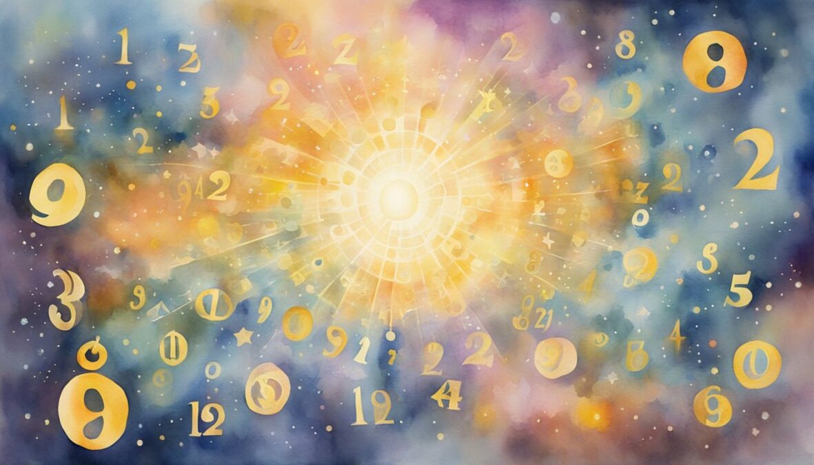 A glowing sequence of numbers (9229) hovers in the air, surrounded by celestial symbols and light beams, evoking a sense of divine guidance and spiritual significance