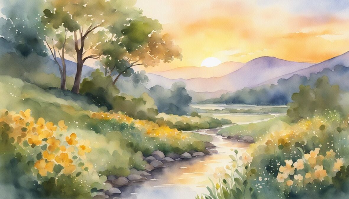 A golden sunrise over a lush landscape, with a flowing river and blooming flowers.</p><p>The sky is filled with radiant light and a sense of prosperity