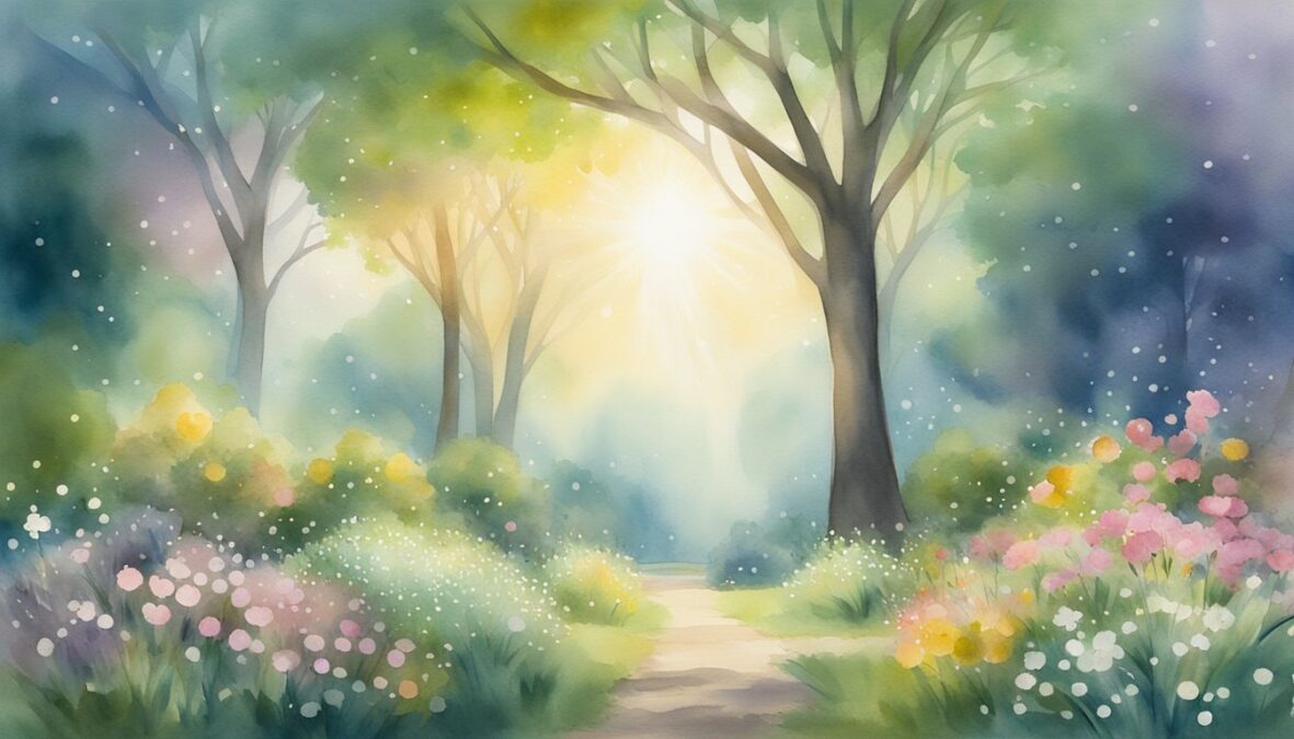 A serene garden with blooming flowers and a tree reaching towards the sky, surrounded by glowing orbs and beams of light