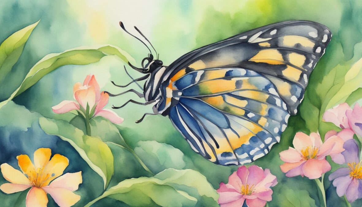 A butterfly emerging from a chrysalis, surrounded by blooming flowers and vibrant greenery, symbolizing personal growth and transformation