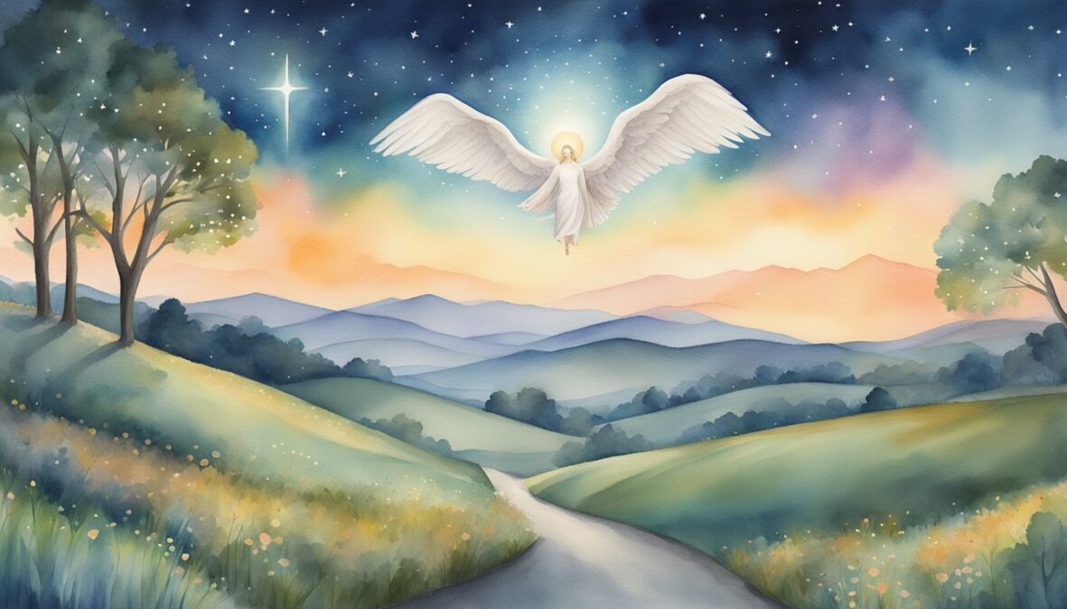 A glowing 1056 angel number hovers above a serene landscape, radiating wisdom and guidance.</p></noscript><p>The scene is peaceful, with gentle rolling hills and a clear, starry sky above