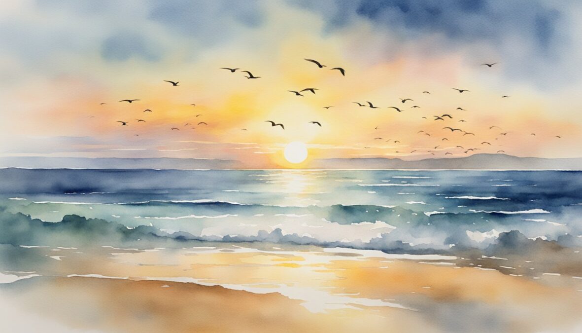 A bright sunrise over a calm ocean, with a flock of birds flying towards the horizon