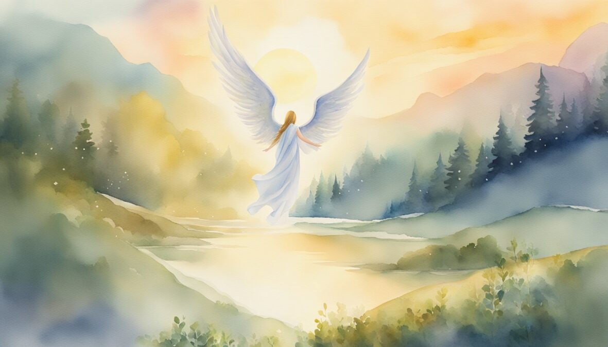 A glowing 1154 angel number hovers above a serene landscape, surrounded by celestial light and a sense of peace