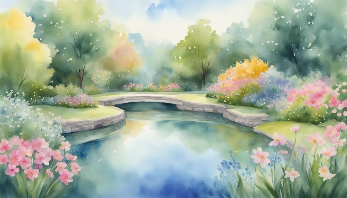 A serene garden with blooming flowers, a peaceful pond, and a clear sky with the 1159 angel number shining brightly above