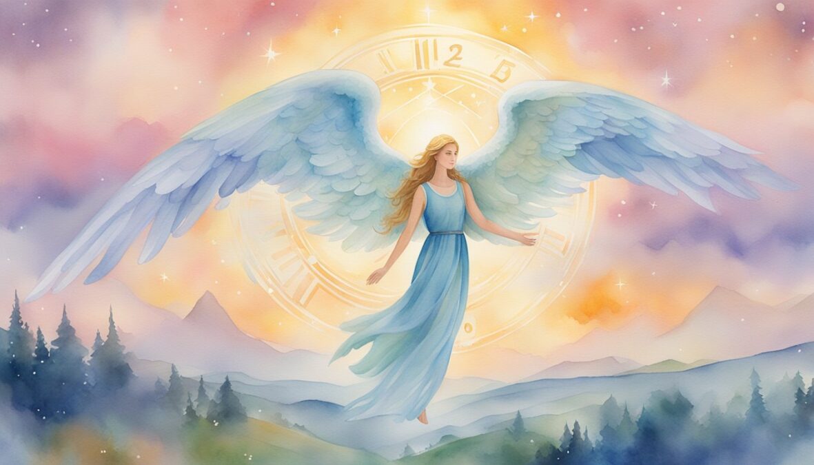 A glowing 1159 angel number hovers above a serene landscape, surrounded by celestial symbols and a sense of divine presence