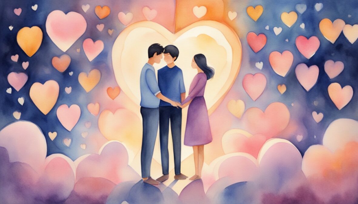 A couple surrounded by hearts, with the number 12345 glowing above them, symbolizing love and harmony