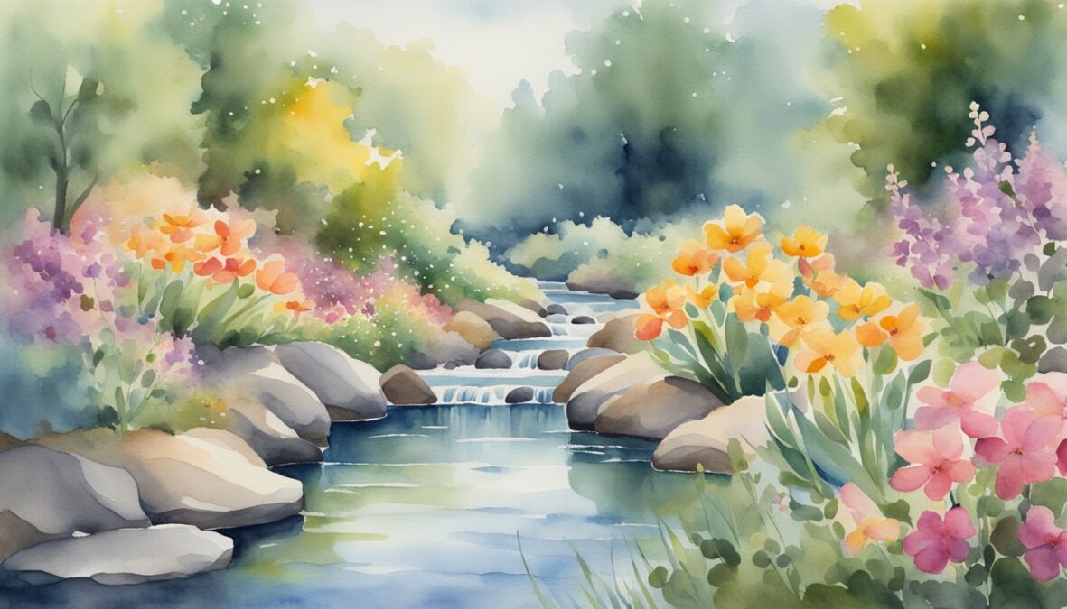 A serene garden with five different colored flowers arranged in a sequence, surrounded by a peaceful, flowing stream