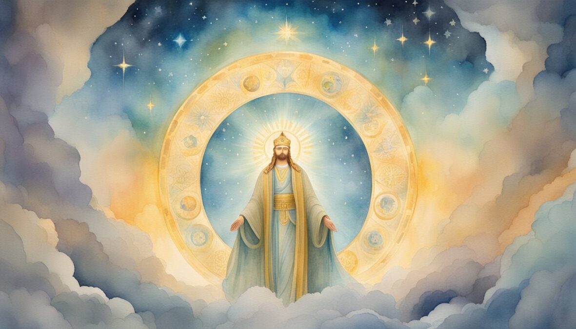 A glowing haloed figure stands before a radiant 1240, surrounded by celestial symbols and a sense of divine guidance
