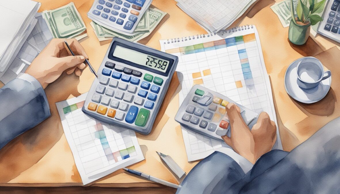 A person using a calculator to balance their budget, surrounded by organized financial documents and a calendar