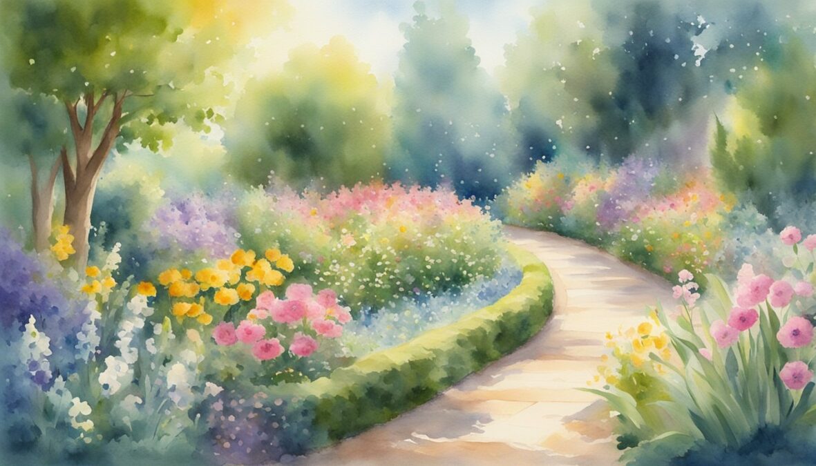 A serene garden with blooming flowers, a gentle breeze, and a radiant beam of sunlight shining down on a pathway leading to a mystical, glowing 2224 angel number