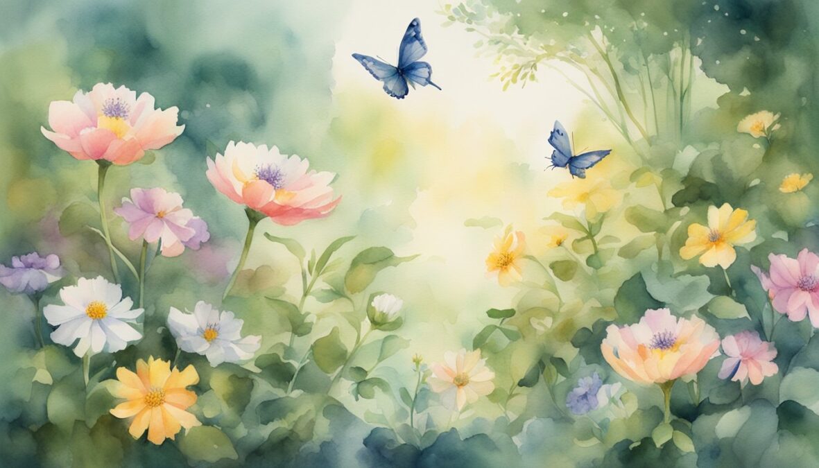 A serene garden with two butterflies, two birds, and two flowers, all surrounded by a halo of light