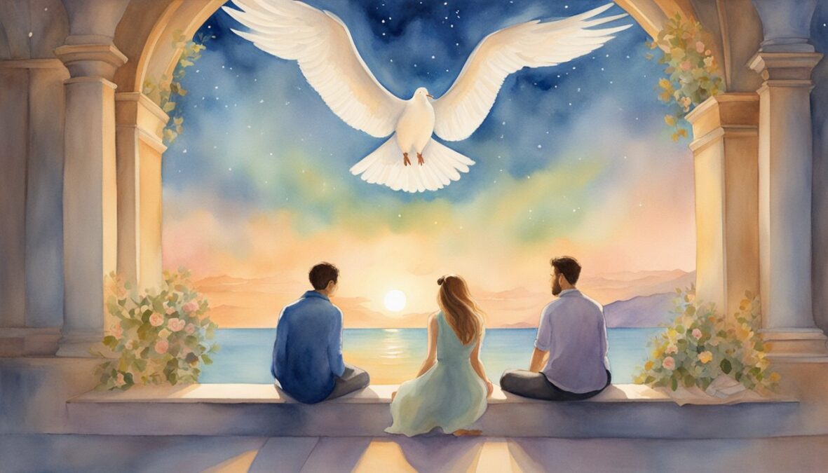 A couple sits facing each other, surrounded by two intertwined rings and two doves, under the watchful gaze of the number 2227 glowing in the sky