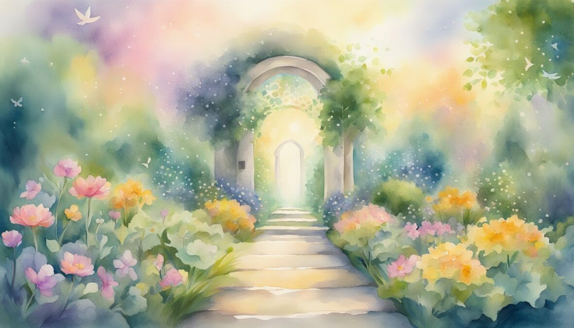 A serene garden with a path leading towards a glowing 2227 angel number, surrounded by ethereal light and spiritual symbols